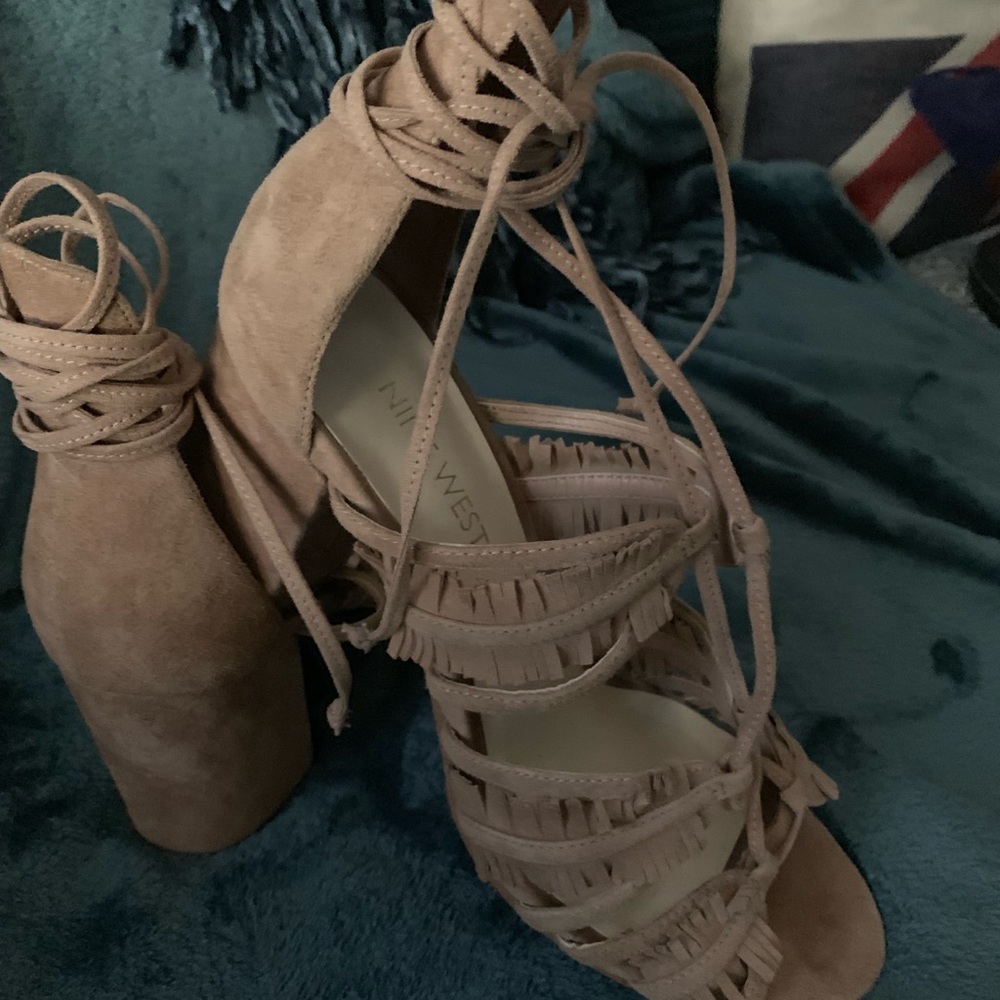 Nine West Tan Lace Up Block Heels